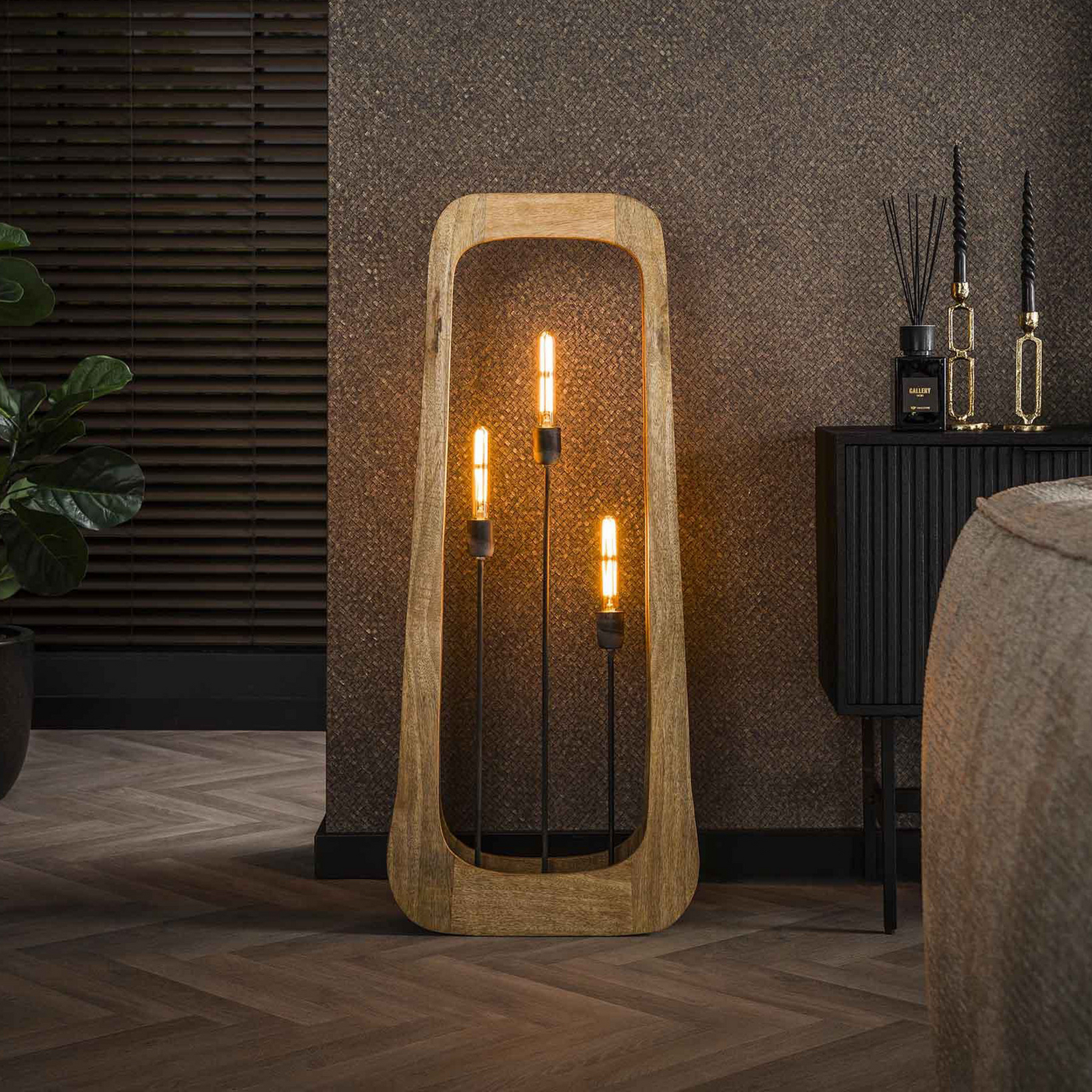 Stehleuchte Woodframe, 3-flammig, Mangoholz, natur